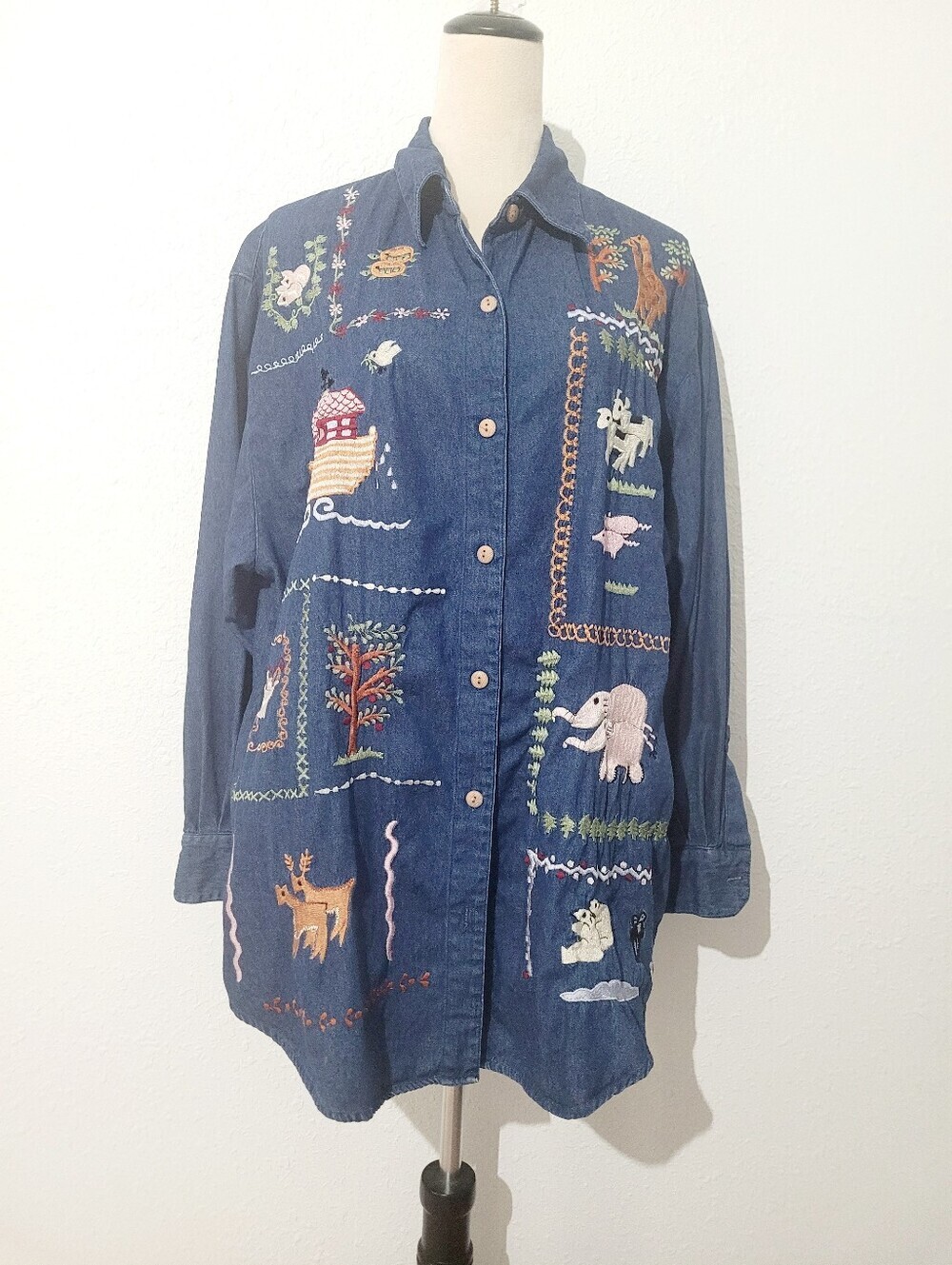 Casey Coleman 1XL 100% Cotton Embroidered Denim Noah's Ark Animal Tunic Shirt